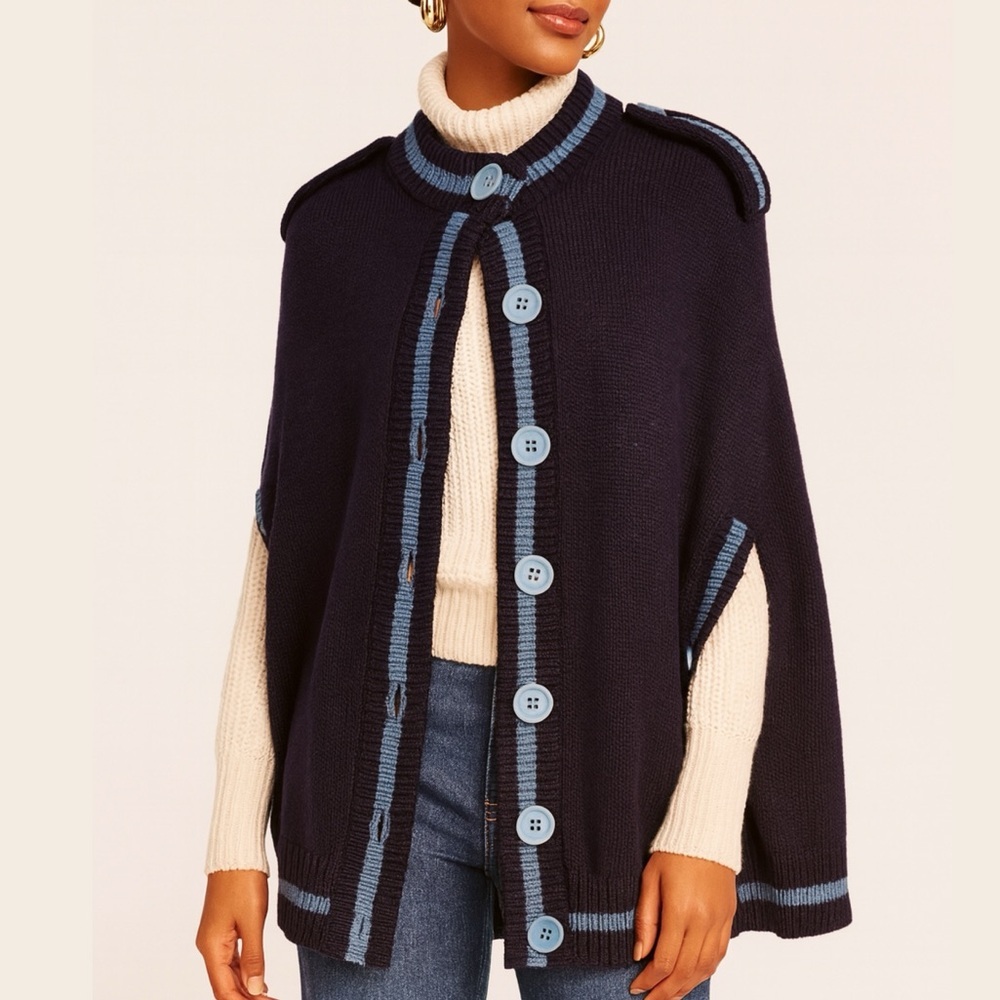 Marc Jacobs Navy Wool Knit Cape Poncho Sweater Contrast Trim Button Preppy M - Picture 5 of 5